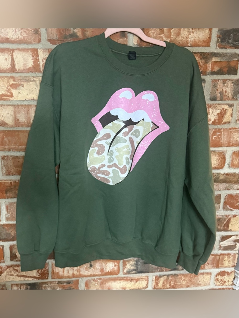 Gildan Military Green Sweatshirt with Pink Lip Camo Graphic